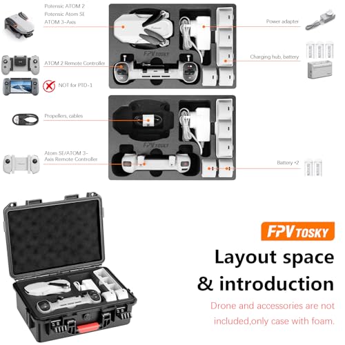 FPVtosky Hard Case for Potensic Atom 2/3-Axis/SE/Atom LT Fly More Combo. Waterproof and Shock-Resistant Bag can Hold the Remote Controller, Batteries, Charger, and Accessories (Case only)