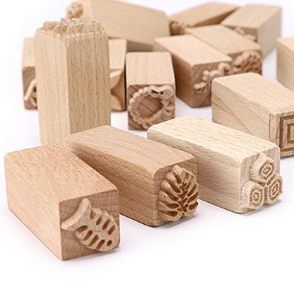 OwnMy Set of 16 Clay Modeling Pattern Stamp Kit Wooden Clay Pottery Stamps
