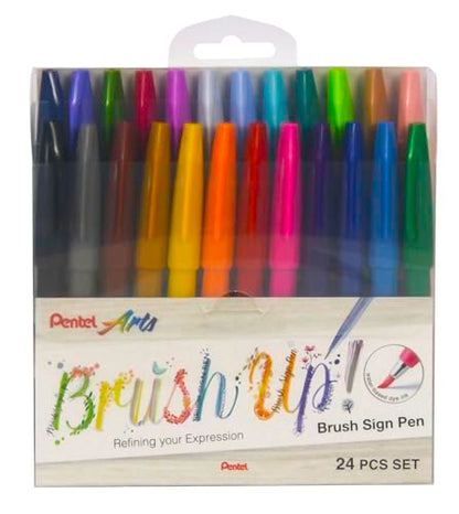 Pentel Brush Sign Pen SES15C - Brush Nib - Fibre Tip - Full Range Set - 24 Pens