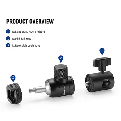 NEEWER Light Stand Mount Adapter w Cold Shoe & 1/4" Screw Mini Ball Head - style: ST-GM06