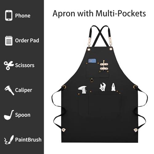 Dulabi Apron, Adjustable Chef Apron for Women and Men with Large Pockets, Cooking Kitchen Apron with Back Straps - color: Black