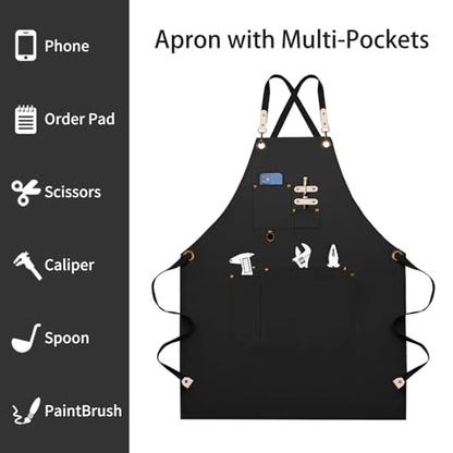 Dulabi Apron, Adjustable Chef Apron for Women and Men with Large Pockets, Cooking Kitchen Apron with Back Straps - color: Black