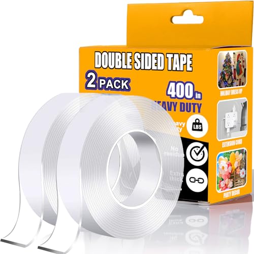 ANLOKE Double Sided Tape Heavy Duty 2 Pack, 1.2 Inch x 400 Inch ，Extra Large Nano Double Sided Adhesive Tape for Walls, Carpets, and Posters - Removable Reusable, Washable(33.3FT) - size: 33.3 FT-Set of 2
