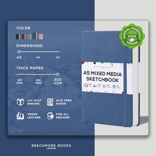 Beechmore Books A5 5.8x8.3 Mixed Media Sketchbook 300 GSM/140LBS - color: Symphony Blue, size: A5 - 5" x 8" Medium