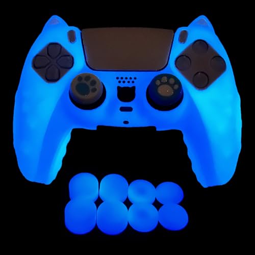 Glow in The Dark PS5 Controller Skin,Blue Cute Cat Paw Silicone Cover Skins Compatible with PlayStation 5 Controller,Include 8 PCS Thumb Grips Glow and 2 Cat Paw Grips Caps Accessories. - color: Cat Glow Blue