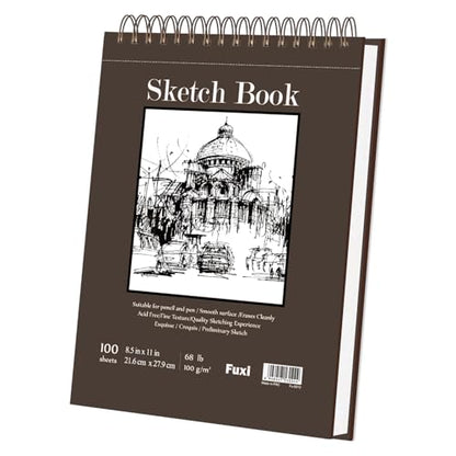 Fuxi Sketch Book 8.5x11, Top Spiral-Bound Sketchbook, 100Sheets_68lb/100gsm - color: Brown, size: 11" x 8.5" (Pack of 1)