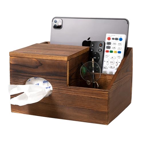 Deluxe Dark Rustic Brown Wooden Remote Control Caddy with Tissue Box Cover – Multi-Compartment Organizer for TV Remotes, Phones, Tablets and Living Room Essentials