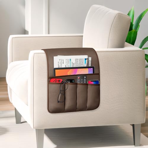 Remote Control Holder for Armchair Caddy, Remote Holder with 5 Pockets - color: Brown, size: 35"x12.4"