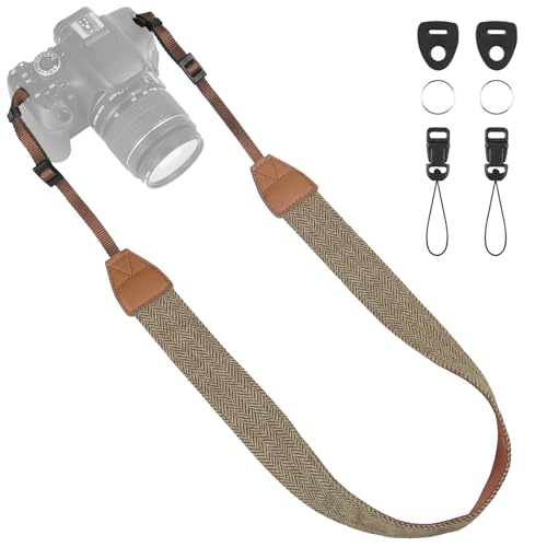Universal Camera Strap - Camera Neck Strap, Adjustable Shoulder Straps Compatible with Canon, Fujifilm, Nikon, Olympus, Panasonic and other SLR and mirrorless cameras - Khaki and Black Stripes - color: Khaki and Black Striped