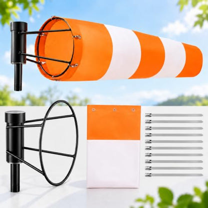 Heavy Duty Windsock 8" x 36"Includes Diameter Ball Bearing Windsocks Frame - color: Orange White Stripe / Black Frame