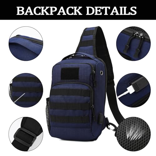 Valinov Tactical Shoulder Bag,Molle Shoulder Backpacks,Military Sling Daypack Backpack with USB Charging port - color: 1 Pack Dark Blue