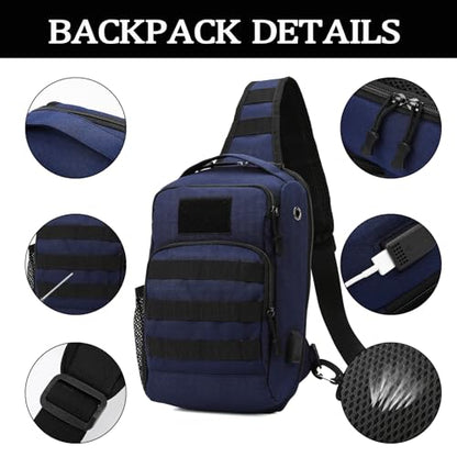Valinov Tactical Shoulder Bag,Molle Shoulder Backpacks,Military Sling Daypack Backpack with USB Charging port - color: 1 Pack Dark Blue