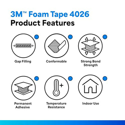 3M 4026 Double Coated Urethane Foam Tape, Bonding, Attaching, Mounting, White, 0.75 in x 5 yd, 1 Roll