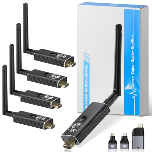 Moman Wireless HDMI Transmitter and Receiver Kit, 1 Transmitter + 4 Receivers 4K Input to 1080P HD Output for Video and Audio, 492FT Long-Lasting Portable Plug & Play for PC/Projector/TV Box/Laptop - size: 1TX+4RX