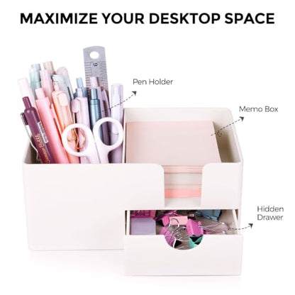 SKYDUE Small Desk Organizer with Sticky Notes Holder,Pen Holder for Desk - color: Beige