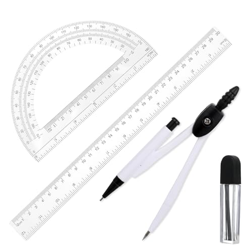 Student Protractor and Compass Set, 3 Pcs Geometry Math Set, 12 Inch Plastic Clear Ruler, Compass for Geometry and 180 Degree 6 Inch Protractor for Drawing Measuring School Office (Classic)