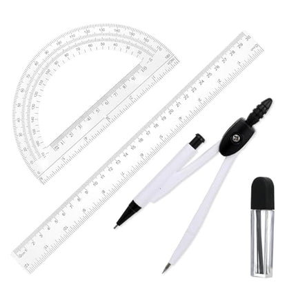Student Protractor and Compass Set, 3 Pcs Geometry Math Set, 12 Inch Plastic Clear Ruler, Compass for Geometry and 180 Degree 6 Inch Protractor for Drawing Measuring School Office (Classic)
