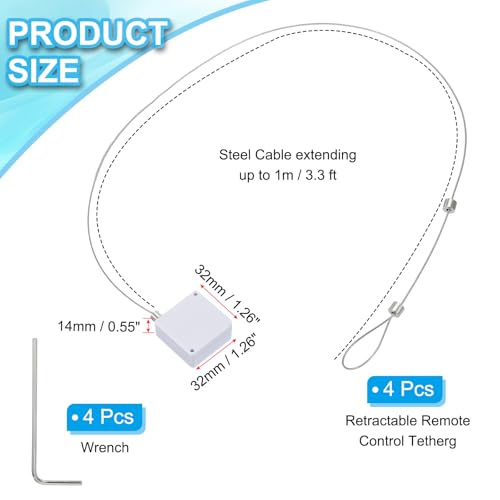 PATIKIL 3.3 Ft Retractable Remote Control Tether, 4 Pcs Square Security Cable Lanyard Lock with Adjustable Clasp Adhesive for TV Remote Control Controller, White(Lock Buckles) - color: White