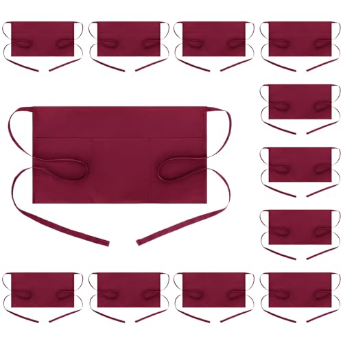 BOHARERS Waist Apron with 3 Pockets 12 Pack - Red Waitress Server Short Apron - color: 12 Pack Red