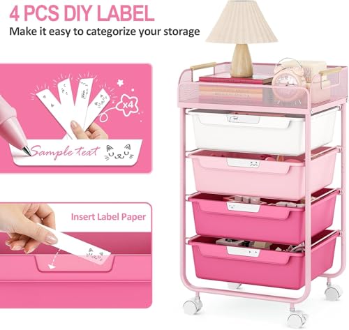 SYKIARIOL 4-Drawer Rolling Storage Cart with Mesh Top, Rose Pink - color: Gradient Pink