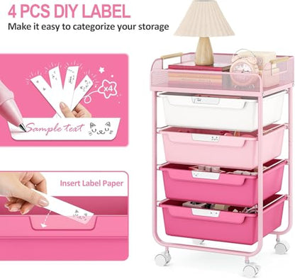 SYKIARIOL 4-Drawer Rolling Storage Cart with Mesh Top, Rose Pink - color: Gradient Pink
