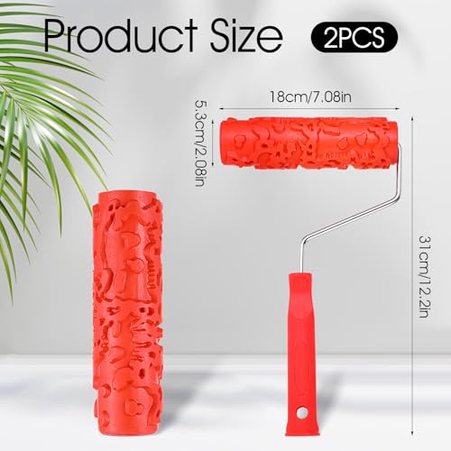 2 Pcs 7'' Textured Paint Roller, Rubber Pattern Paint Texture Roller Drywall Texture Rollers for Ceiling Mud Clay Furniture Wall Decoration(EG323T)