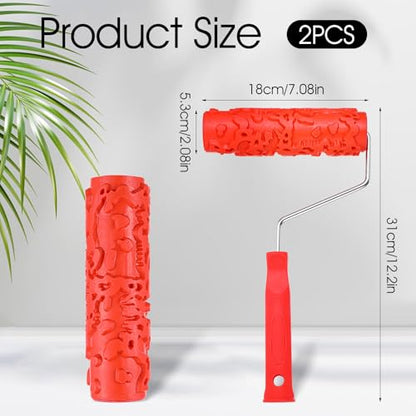 2 Pcs 7'' Textured Paint Roller, Rubber Pattern Paint Texture Roller Drywall Texture Rollers for Ceiling Mud Clay Furniture Wall Decoration(EG323T)