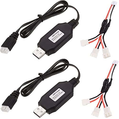 2 pcs XH-3P USB Charger Cable 7.4V 2S LiPo Battery USB Charger Cable 1A Fast Charging,with 1 Charge 3 Transfer Cable for RC Car Truck Rock Crawler FPV Drone Quadcopter