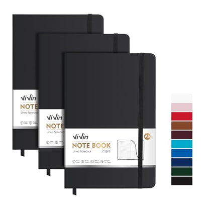 ViVin 3 Pack A5 Hardcover Lined Notebook,192 pg College Ruled 5.5x8.3 - color: Black, size: 3 Pack