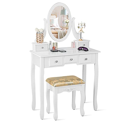 CHARMAID Vanity Table Set with Rotatable Oval Mirror, Bedroom Makeup Table with 5 Drawers for Women Girls, Dressing Table with Cushioned Stool (White) - color: White, style: Round Mirror