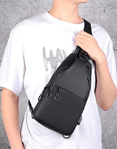Waterproof Sling Bags Mens Shoulder Crossbody Backpack with USB Charging Port& Headphone,Outdoor Lightweight Bag - color: A-black