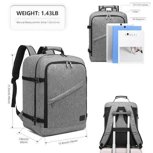 Kono Travel Backpack Airline Approved Overhead Bin Personal Item Bag - color: Grey, size: Medium