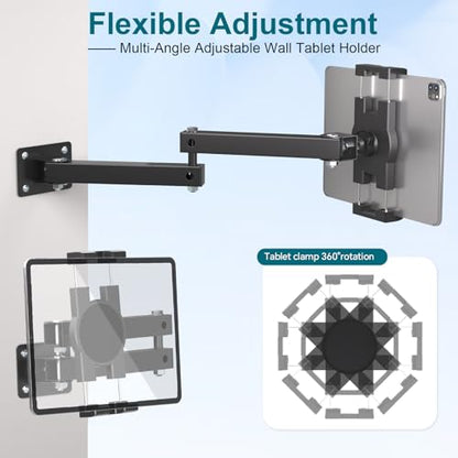 Mippko Foldable Wall Mount iPad Holder Tablet Mount Stand,360° Adjustable Tablet Holder,2-Stage Extendable Articulating Aluminum Alloy Arm,Compatible with 4.7~12.9" iPad/Nexus/e-Reader/Switch/iPhone