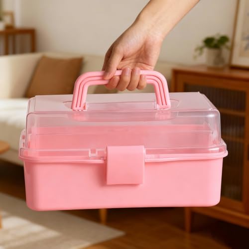 3 Layers Craft Organizers and Storage with Handle Portable, Pink - color: Pink