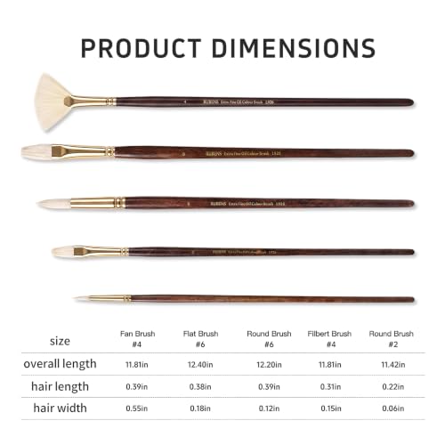 rubens Oil Paint Brush Set, 5 Pcs Natural Hog Bristle Paint Brushes