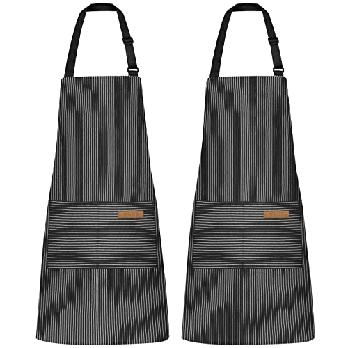NLUS 2 Pack Kitchen Cooking Aprons, Adjustable Bib Soft Chef Apron with 2 Pockets for Men Women (Black Pinstripes) - color: Black Pinstripes
