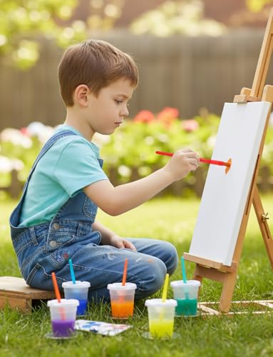 YGAOHF 8 Packs No Spill Paint Cups with Lids, Large Paint Water Cup with 8 Pcs Paint Brushes, Arts and Crafts Supplies