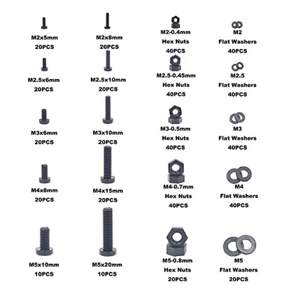 540PCS Metric M2 M2.5 M3 M4 M5 Nylon Phillips Pan Head Screws Hex Nuts Flat washers Assortment Kit(Black) - size: M2, M2.5, M3, M4, M5