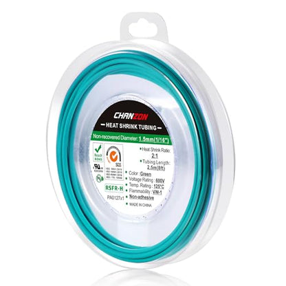 Chanzon 2:1 Ratio 1/16" (1.5mm) Heat Shrink Tubing 8Ft Roll Green - color: Green, size: 1.5mm (1/16") - 8FT