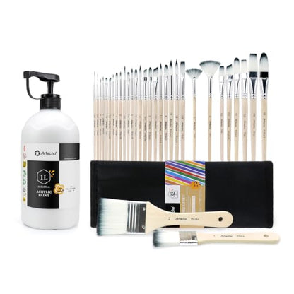 32 Pcs Acrylic Paint Brushes Set & Artecho Titanium White Acrylic Paint 1000ml / 33.8 fl oz Pump Dispenser