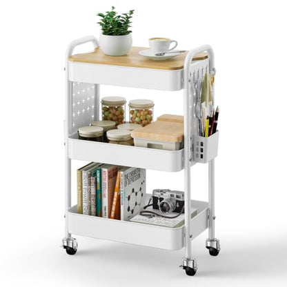 3 Tier Rolling Cart with Table top, Metal Utility Cart with DIY Pegboard - color: White With Pegboard