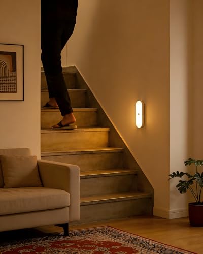 Rechargeable Night Light with Motion Sensor Battery 2 Pack- Portable Mini Stick-on Stick-on Warm White LED - for Bathroom, Bedroom, Kitchen, Cabinet, Stairs, Hallway