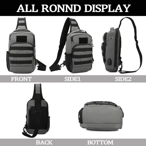 Valinov Tactical Shoulder Bag,Molle Shoulder Backpacks,Military Sling Daypack Backpack with USB Charging port - color: 1 Pack Grey
