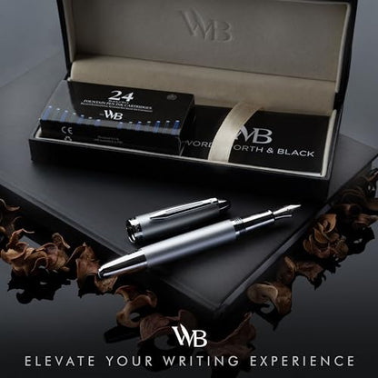 Wordsworth & Black Majesti Luxury Fountain Pen Set for Writing, Medium Nib - color: Metallic Silver, style: Medium Nib