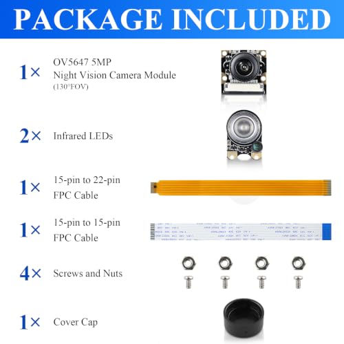 5MP OV5647 Sensor for Raspberry Pi Camera Module Night Vision with IR LED Light 1080P Video Webcam Wide Angle 130°FOV Adjustable Focus Compatible with Raspberry Pi 5 / 4B / 3B+ / 3B / Zero