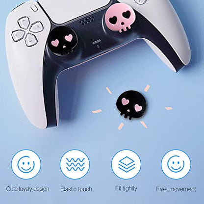 PERFECTSIGHT Cute Thumb Grip Caps for PS5/PS4 Controller, Halloween Silicone Analog Stick Caps for Xbox Series X/S, Thumbstick Grips Joystick Button Cover for Switch 2/ Switch Pro (Heart Skulls) - color: Black+Pink Skull
