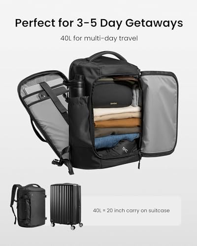 tomtoc Travel Backpack 40L, TSA Carry On Bag Flight Approved, PFAS Free - color: Black-ripstop, size: 40L
