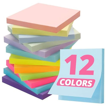 Taja 12 Pads Sticky Notes, 3 x 3 Inches, 12 Pastel Colors, 50 Sheets/Pad