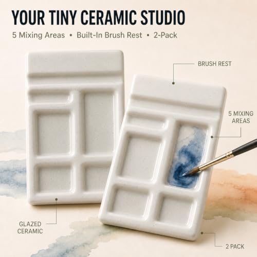 2 Pack Mini Ceramic Watercolor Palette with Brush Rests - color: Warm Beige