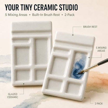 2 Pack Mini Ceramic Watercolor Palette with Brush Rests - color: Warm Beige